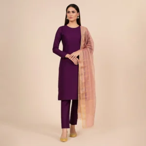 3 Piece - Plain color Silk Suit With Organza Dupatta