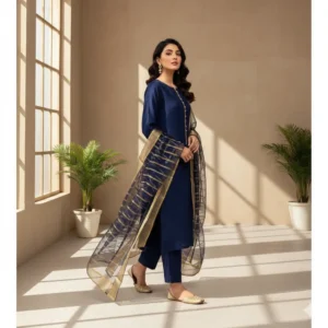 3 Piece - Plain color Silk Suit With Organza Dupatta