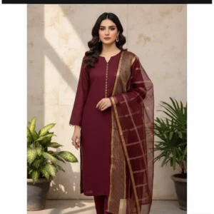 3 Piece - Plain color Silk Suit With Organza Dupatta