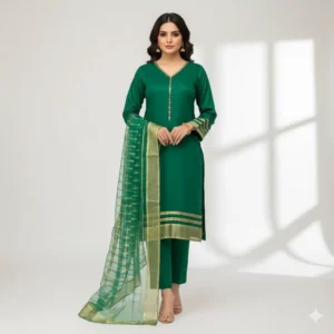 Unstitched plain silk 3pc suite green color