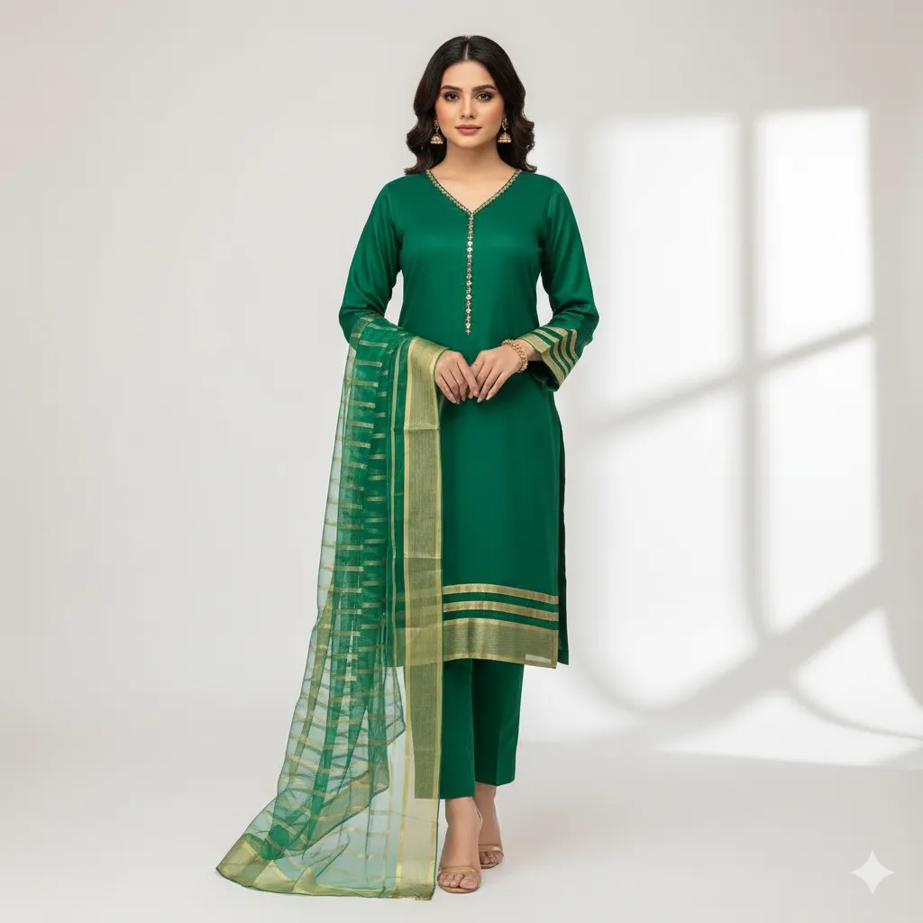 Unstitched plain silk 3pc suite green color