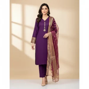 3 Piece - Plain color Silk Suit With Organza Dupatta
