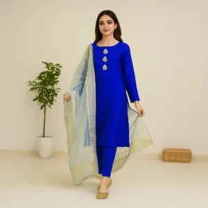 3 Piece - Plain color Silk Suit With Organza Dupatta