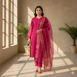 3 Piece - Plain color Silk Suit With Organza Dupatta