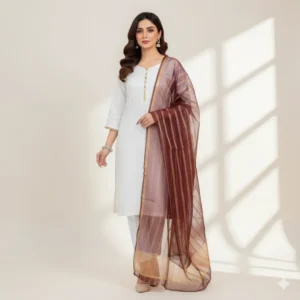 3 Piece - Plain color Silk Suit With Organza Dupatta