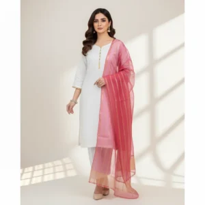 3 Piece - Plain color Silk Suit With Organza Dupatta