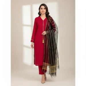 3 Piece - Plain color Silk Suit With Organza Dupatta